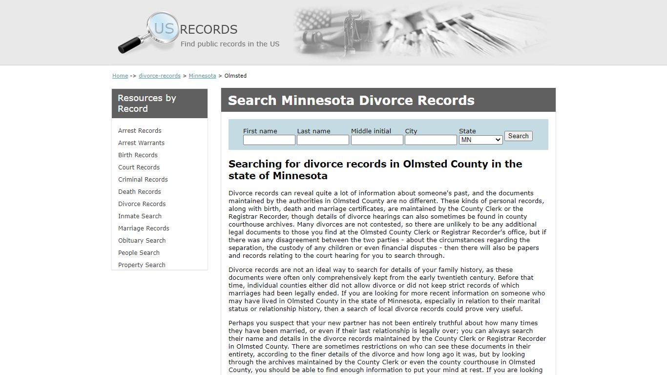 Search Divorce Records Olmsted Minnesota | US Records